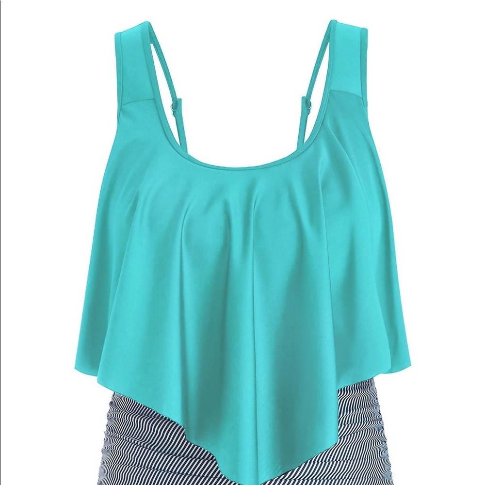 Plus Size Ruffle Trim Striped Tankini Set